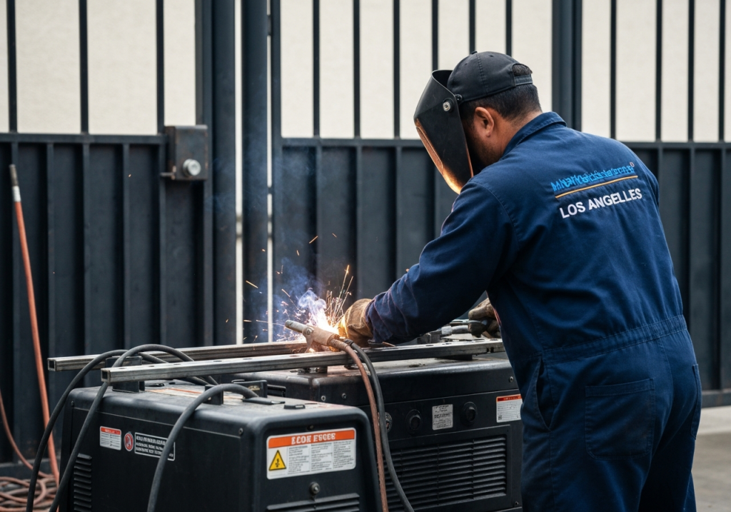 Welder performing gate parts and welding with sparks